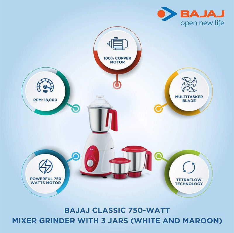 Bajaj Classic 750 Watts Mixer Grinder with 3 Jars - 410174 - 5