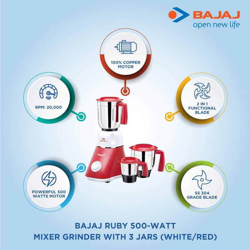 Bajaj Majesty Ruby 500 Watts Mixer Grinder with 3 Jars - 410190 - 5