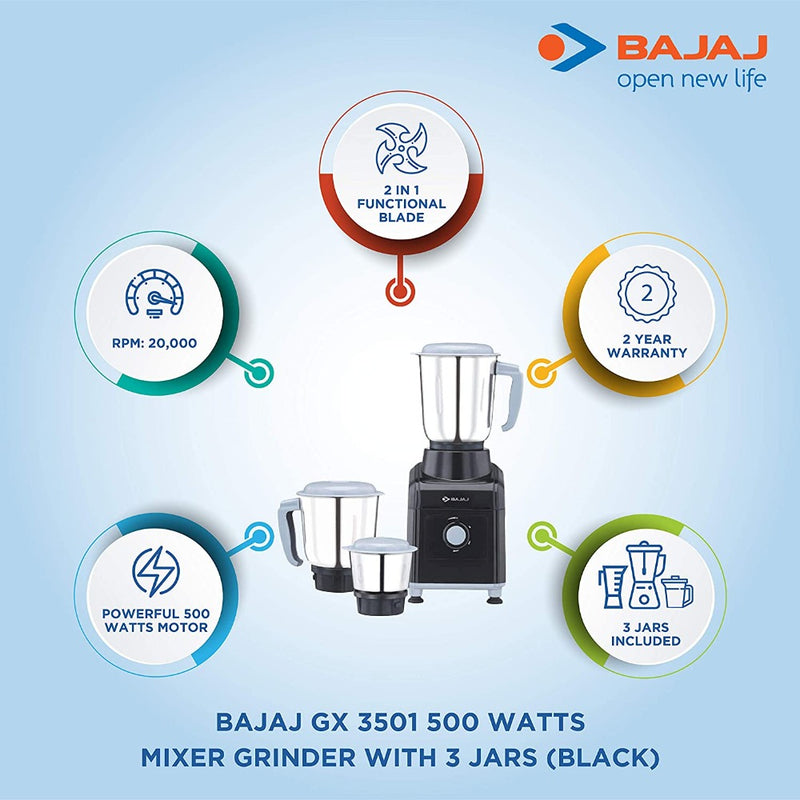 Bajaj GX 3501 500W Mixer Grinder with 3 Jars - 410527 - 6