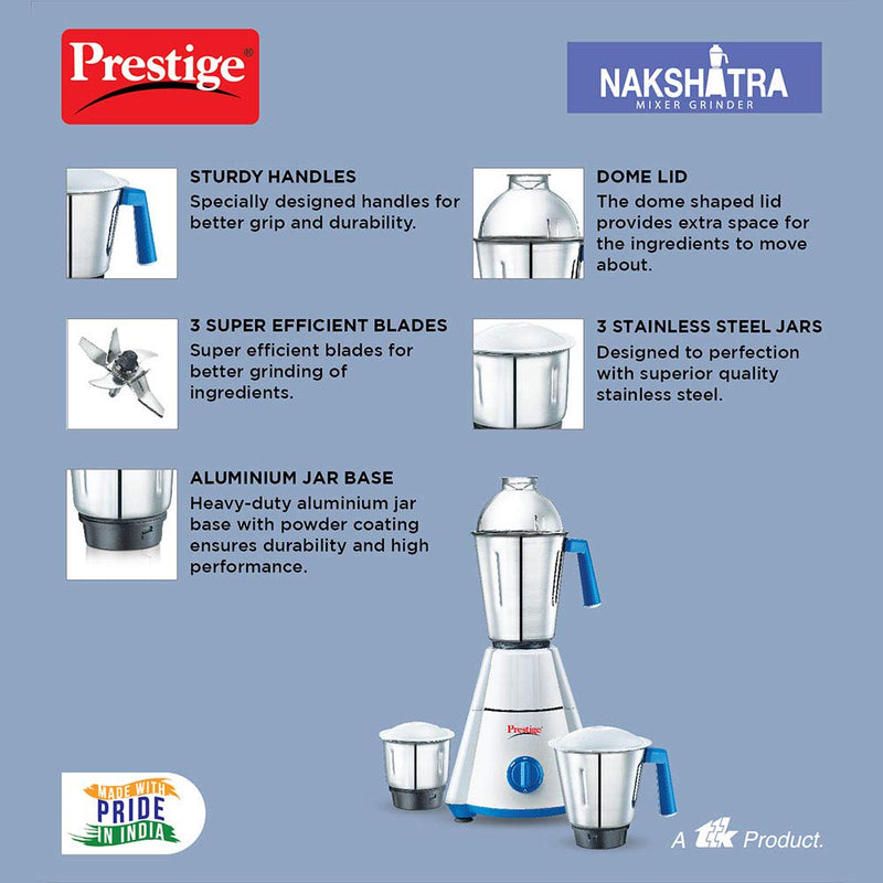 Prestige Nakshatra 550 W Mixer Grinder with 3 Stainless Steel Jars, (White/Blue)