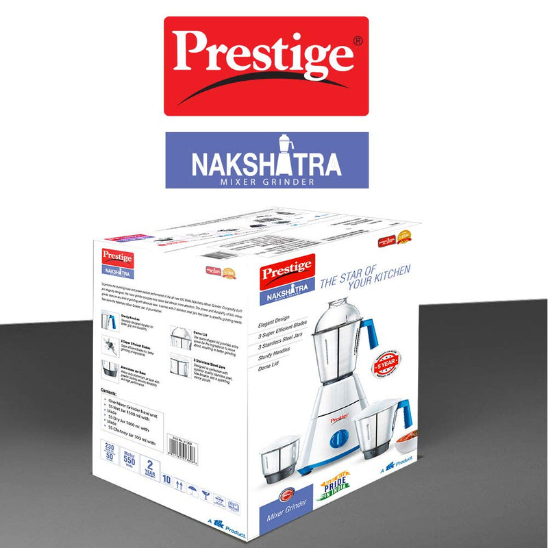 Prestige Nakshatra 550 W Mixer Grinder with 3 Stainless Steel Jars, (White/Blue)