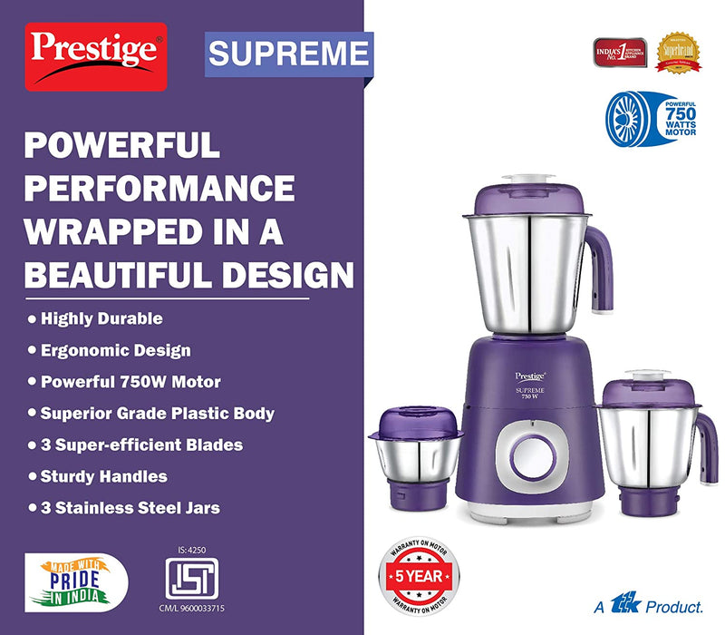 Prestige Supreme 750 W Mixer Grinder with 3 Stainless Steel Jars, Purple
