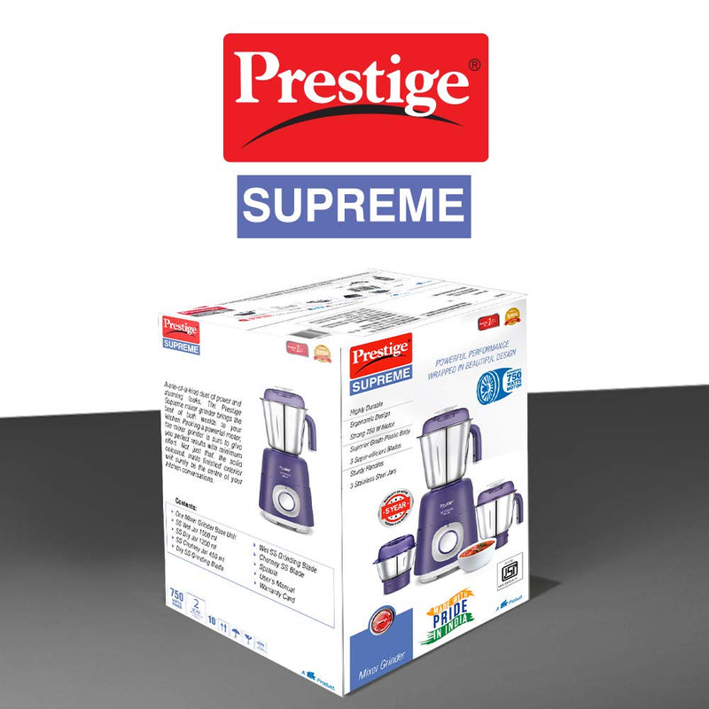 Prestige Supreme 750 W Mixer Grinder with 3 Stainless Steel Jars, Purple