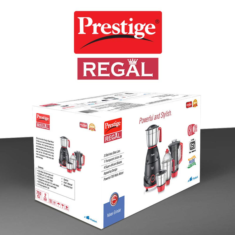 Prestige Regal Mixer Grinder, 750W, 3 Stainless Steel Jar + 1 Juicer Jar