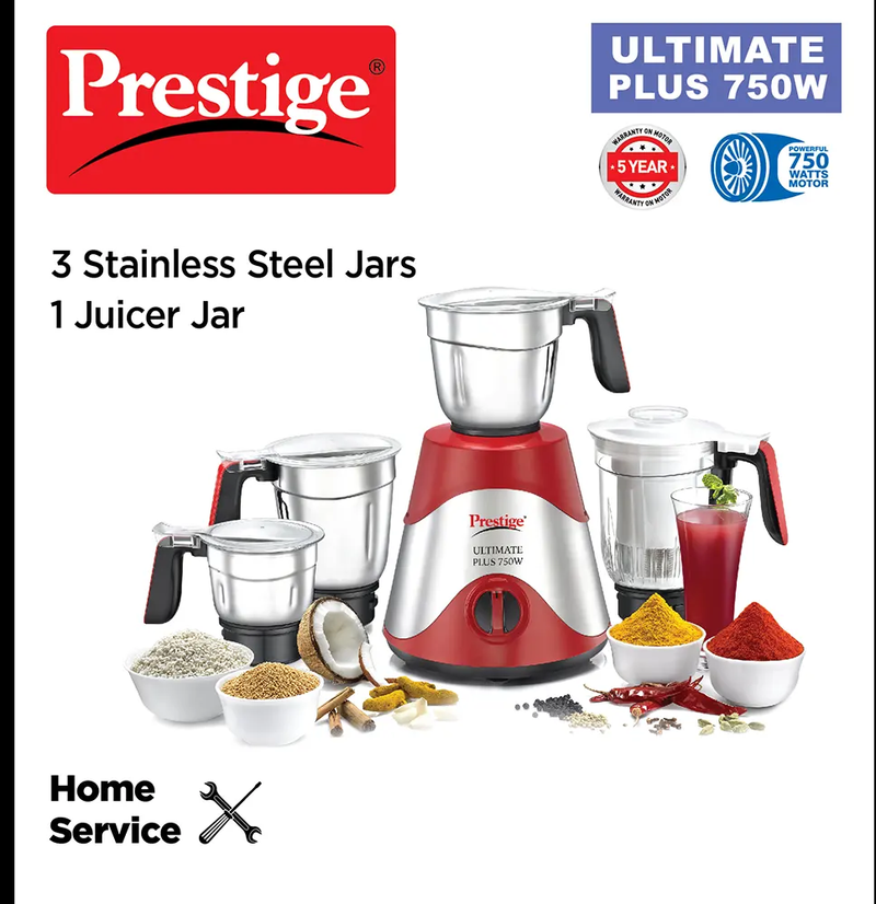 Prestige Ultimate Plus 750 watt Mixer Grinder with 3 Stainless Steel Jars & juicer jar