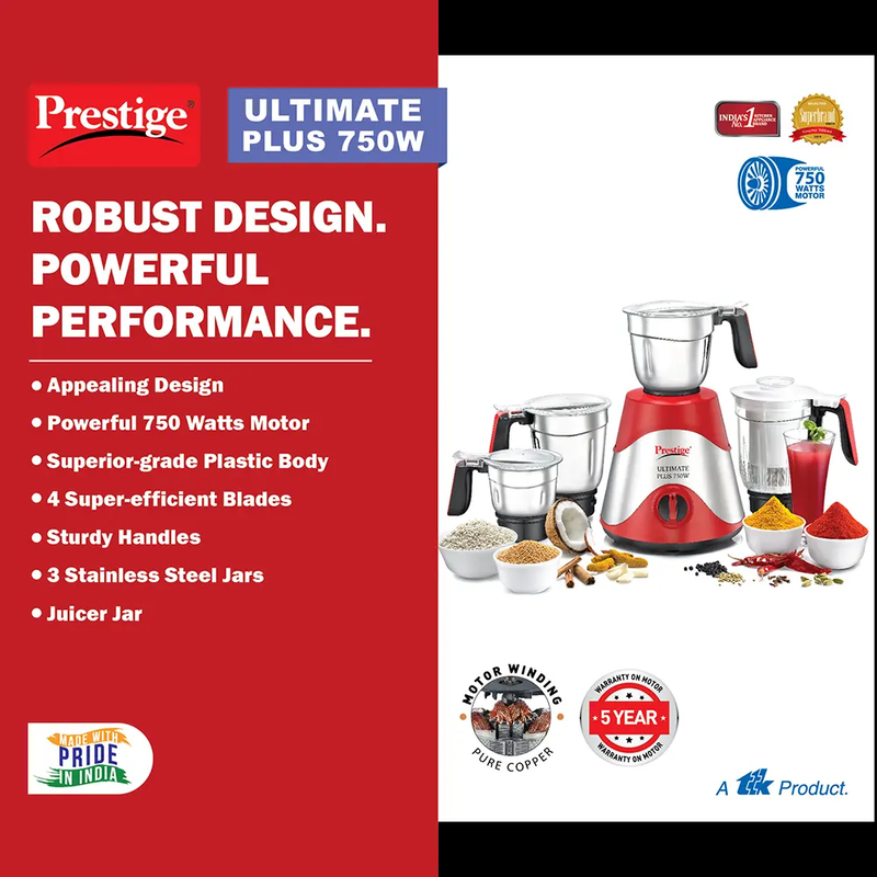 Prestige Ultimate Plus 750 watt Mixer Grinder with 3 Stainless Steel Jars & juicer jar