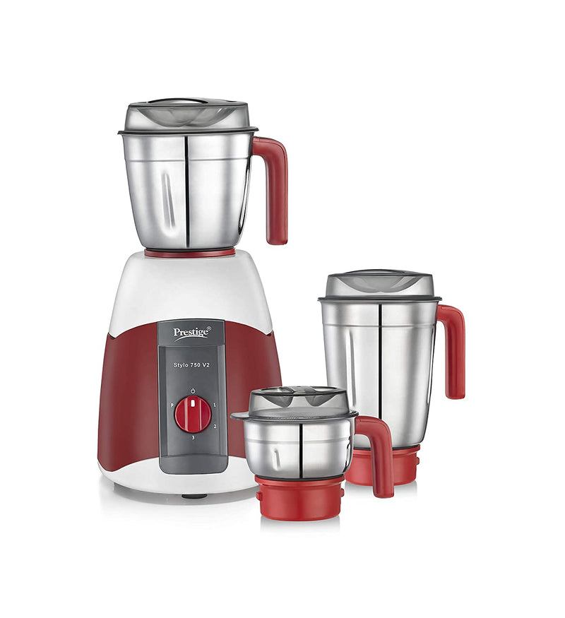 Prestige Stylo V2 750 W Mixer Grinder with 3 Stainless Steel Jars, Red