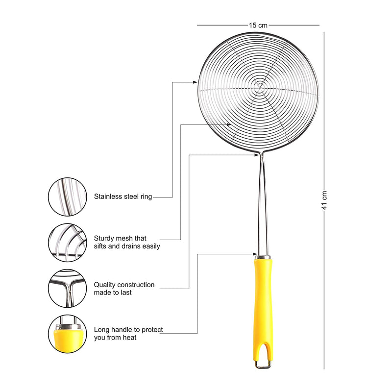 Classy Touch Stainless Steel Deep Fry Strainer Oil Strainer Colander Wire Skimmer with Spiral Mesh Professional Grade ABS Plastic Handle