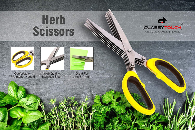 Classy Touch Herb Scissors Multipurpose Cutting Shears with 5 Stainless Steel Blades and Safety Cover with Cleaning Comb - Cutter/Chopper/Mincer for Herbs, Kitchen Gadget – 19 cm (Yellow)