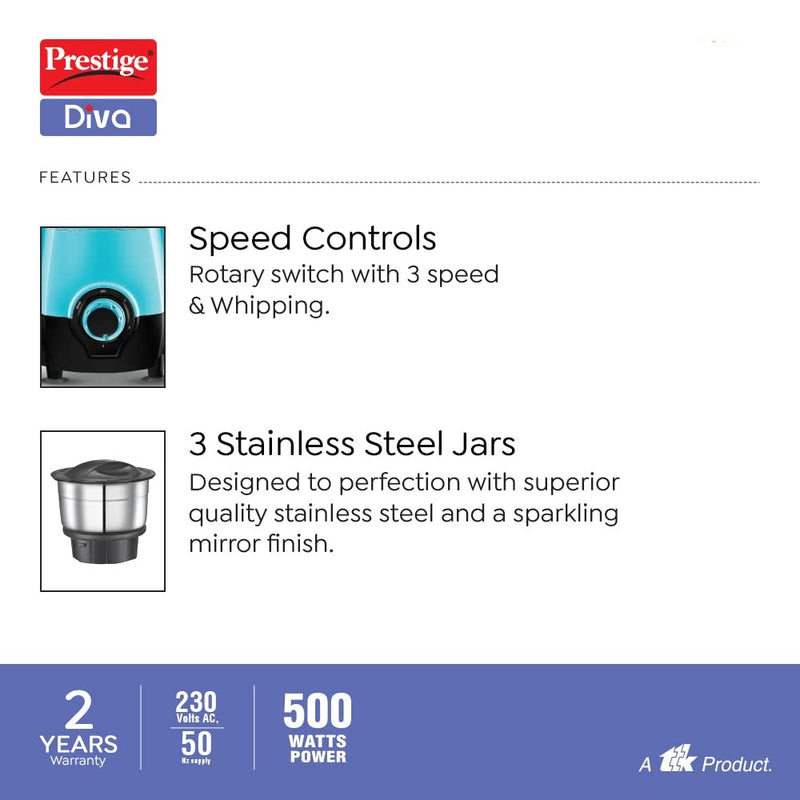 Prestige Diva 500 Watt Mixer Grinder with 3 Stainless Steel Jar - 3