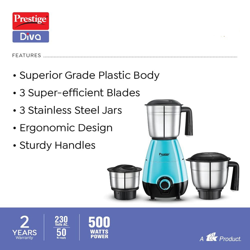 Prestige Diva 500 Watt Mixer Grinder with 3 Stainless Steel Jar - 5