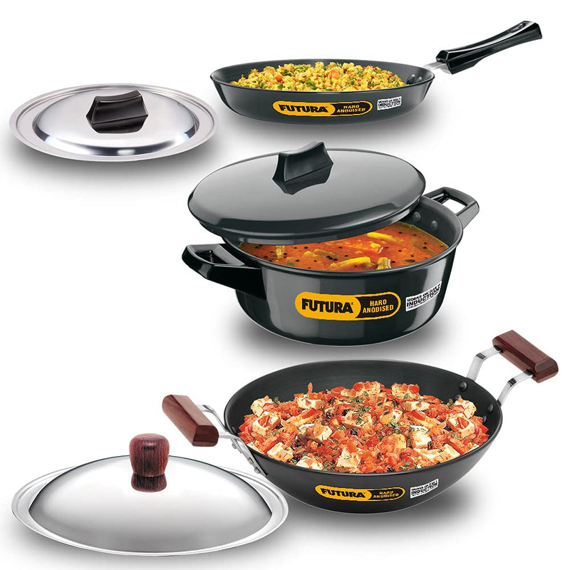 Hawkins Futura Hard Anodised Induction Compatible Cookware Set 1 (Frying Pan, Deep-Fry Pan, Cook-n-Serve Bowl with One Hard Anodised Lid, Two Stainless Steel Lids), Black (IASET1)