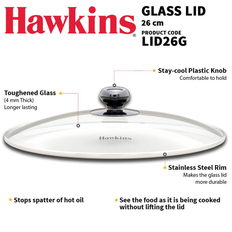 Hawkins 26 CM Glass Lid - LID26G | Toughened Glass Lid with Stainless