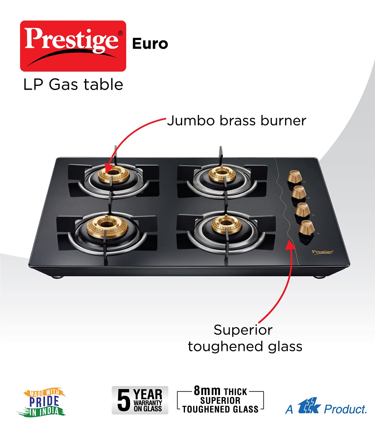 Prestige Euro Glass Top 4 Burners Gas Stove With Toughened Glass Top