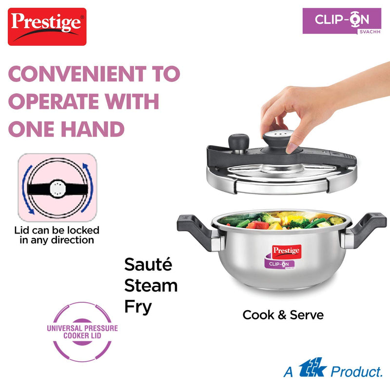 Prestige Clip-on Svachh Stainless Steel Pressure Kadai Cooker 3.5 Liter with Glass Lid