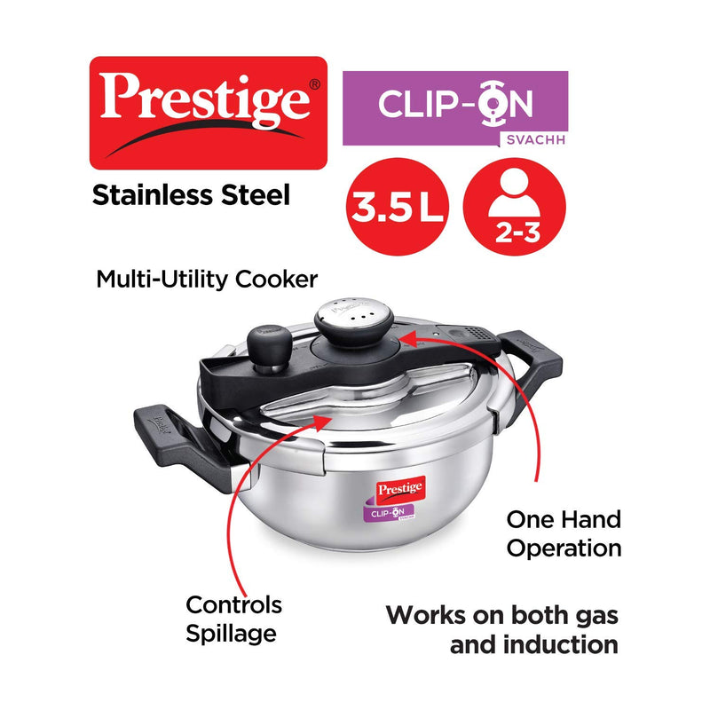 Prestige Clip-on Svachh Stainless Steel Pressure Kadai Cooker 3.5 Liter with Glass Lid