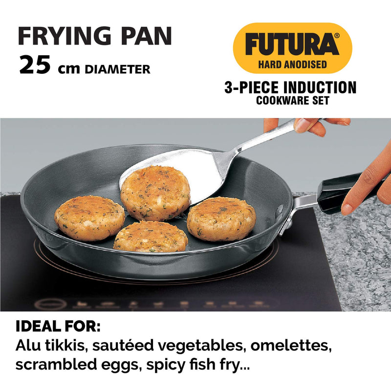 Hawkins Futura Hard Anodised Induction Compatible Cookware Set 1 (Frying Pan, Deep-Fry Pan, Cook-n-Serve Bowl with One Hard Anodised Lid, Two Stainless Steel Lids), Black (IASET1)