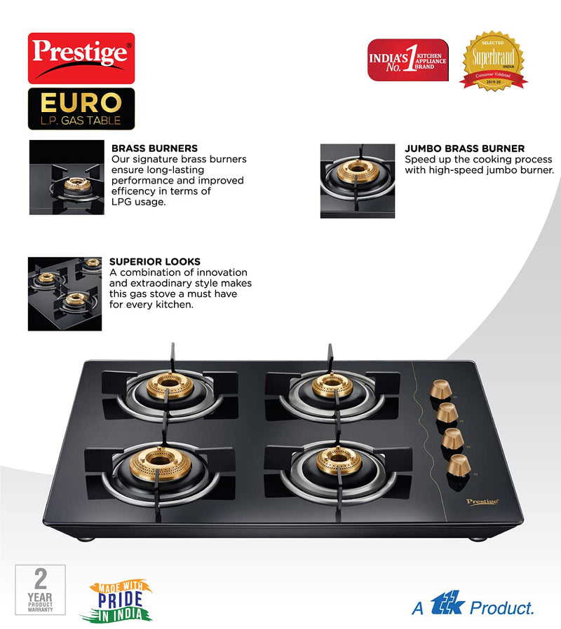 Prestige Euro Glass Top 4 Burners Gas Stove With Toughened Glass Top - 40367 - 4