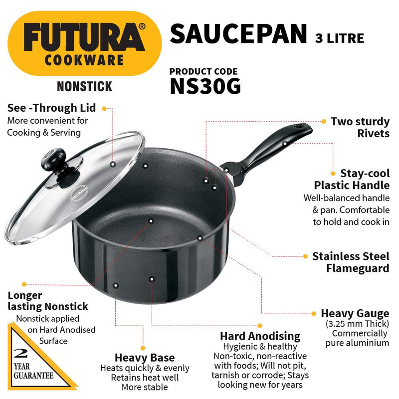 Hawkins Futura Non-Stick 3 Litre Sauce Pan with Glass Lid - 3