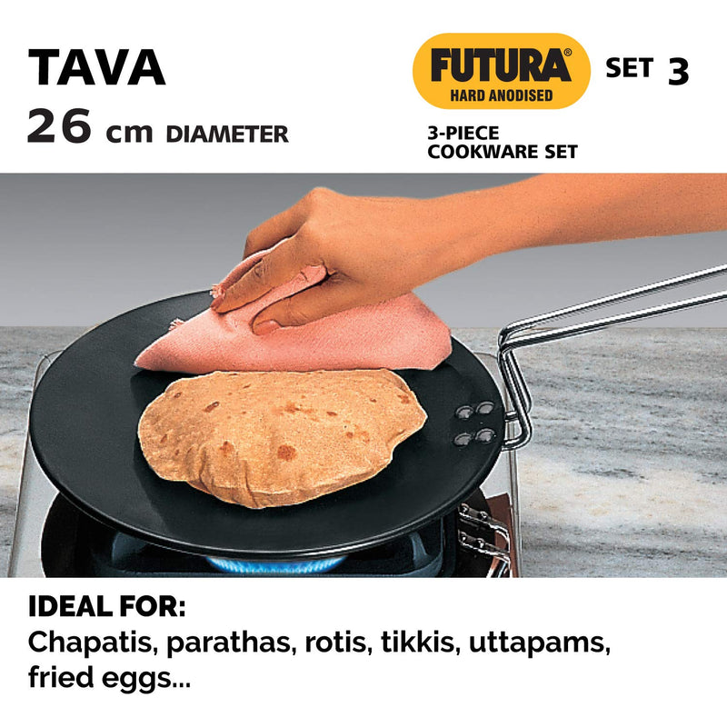 Hawkins Futura Hard Anodised Cookware Set - Tava + Kadhai with Stainless Steel Lid + Handi Saucepan with Lid | Black | Set of 3 Pcs