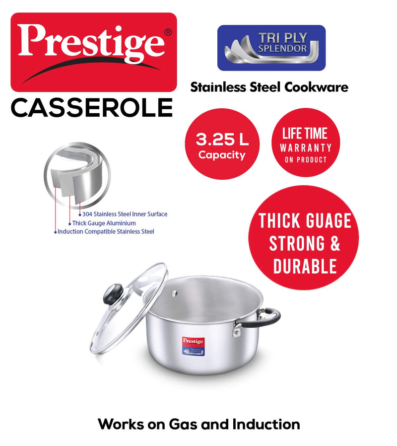Prestige TriPly Splendor Casserole | Induction Base | 3.25 Litre | Silver | 1 Pc only at www.rasoishop.com