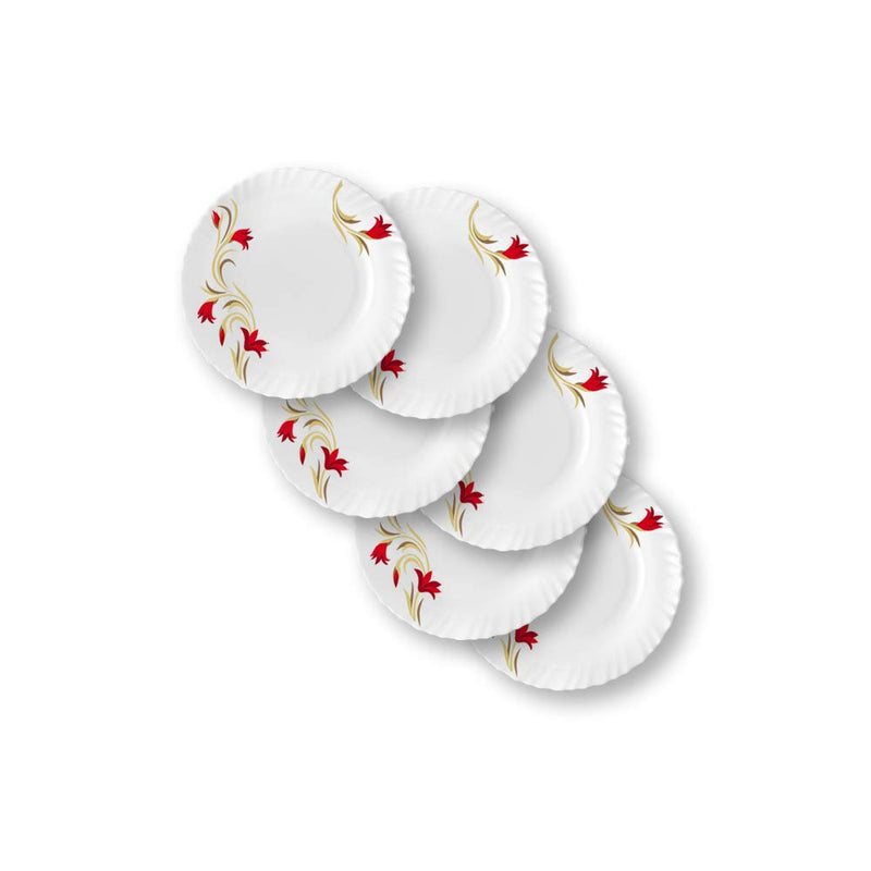Larah By Borosil Red Lily Opalware Glass Dinner Set, 25-Pieces, White