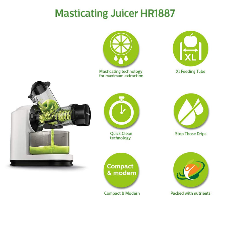 Philips Viva Collection Masticating juicer HR1887/81 XL Tube, 70 mm Quick Clean