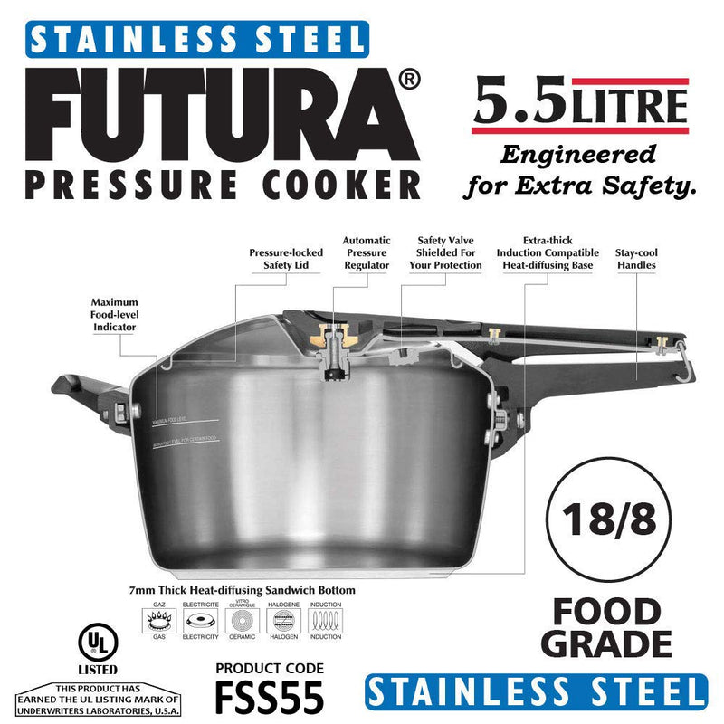 Hawkins Futura Stainless Steel Pan Pressure Cooker 5.5 L - 6