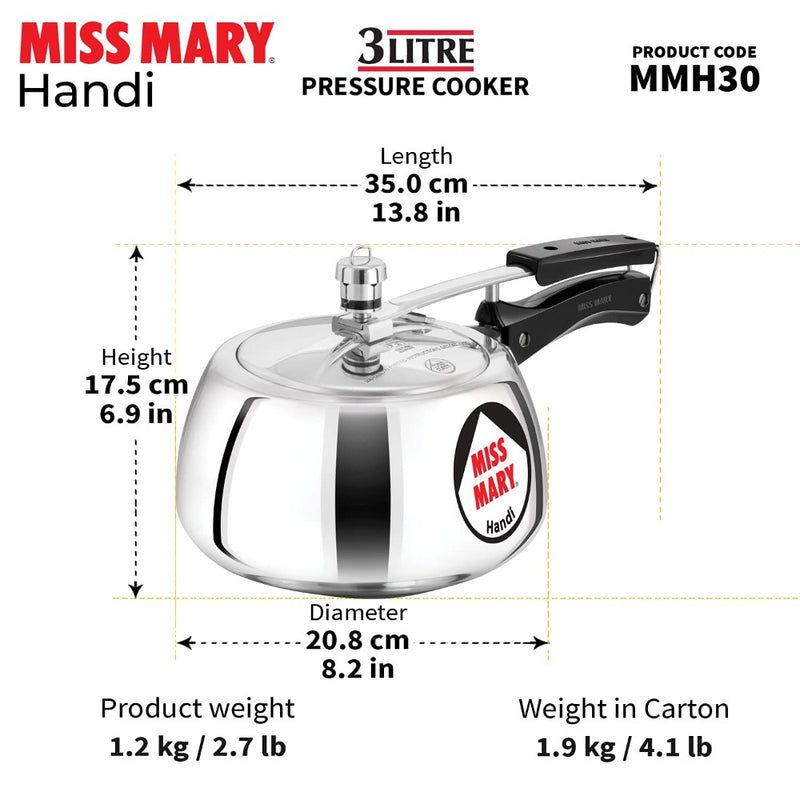 Hawkins Miss Mary Aluminium 3 Litre Handi Pressure Cooker - 9