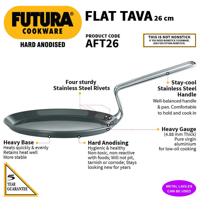 Hawkins Futura Hard Anodised Flat Tawa, 26cm, Thickness 4.88 mm