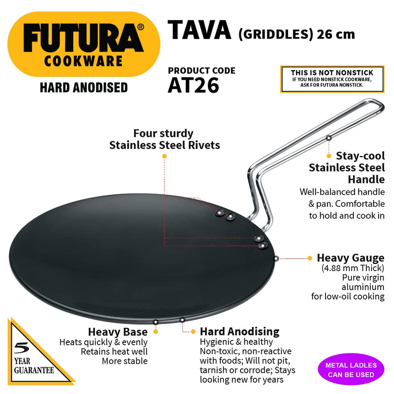 Hawkins Futura Hard Anodised Tawa with Stainless Steel Handle - 26 cm - 8