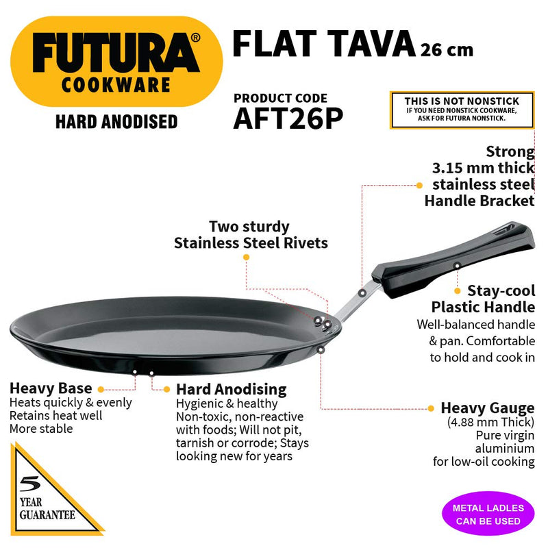 Hawkins Futura Hard Anodised Flat Tawa With Plastic Handle, 26cm, Thic