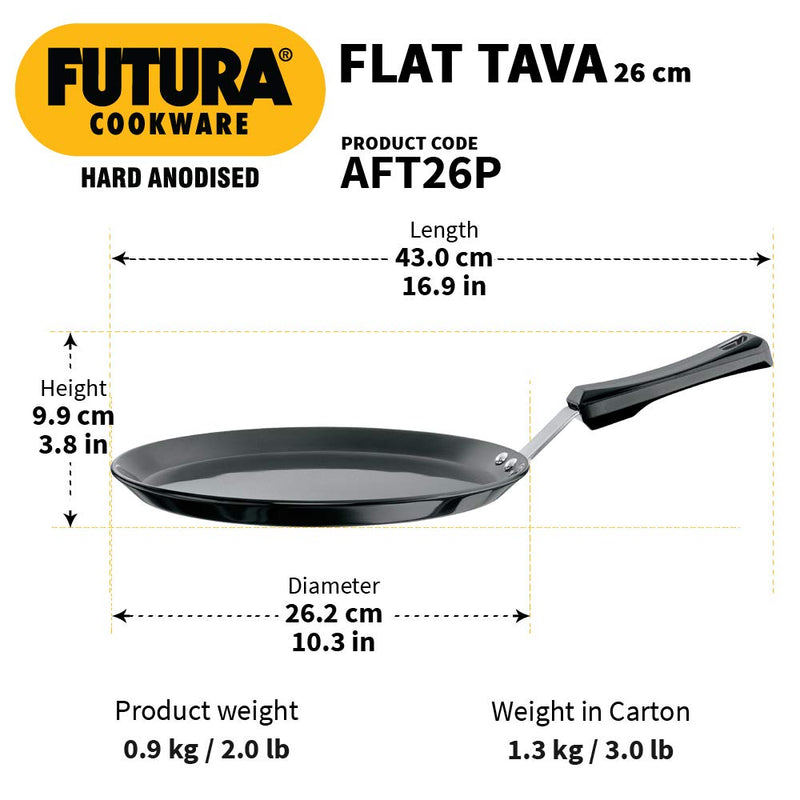 Hawkins Futura Hard Anodised Flat Tawa With Plastic Handle, 26cm, Thickness 4.88 mm