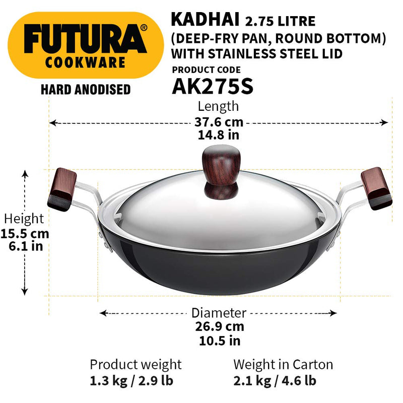 Hawkins Futura Hard Anodised 2.75 Litre Deep-Fry Pan (Kadhai) with Stainless Steel Lid  | Black