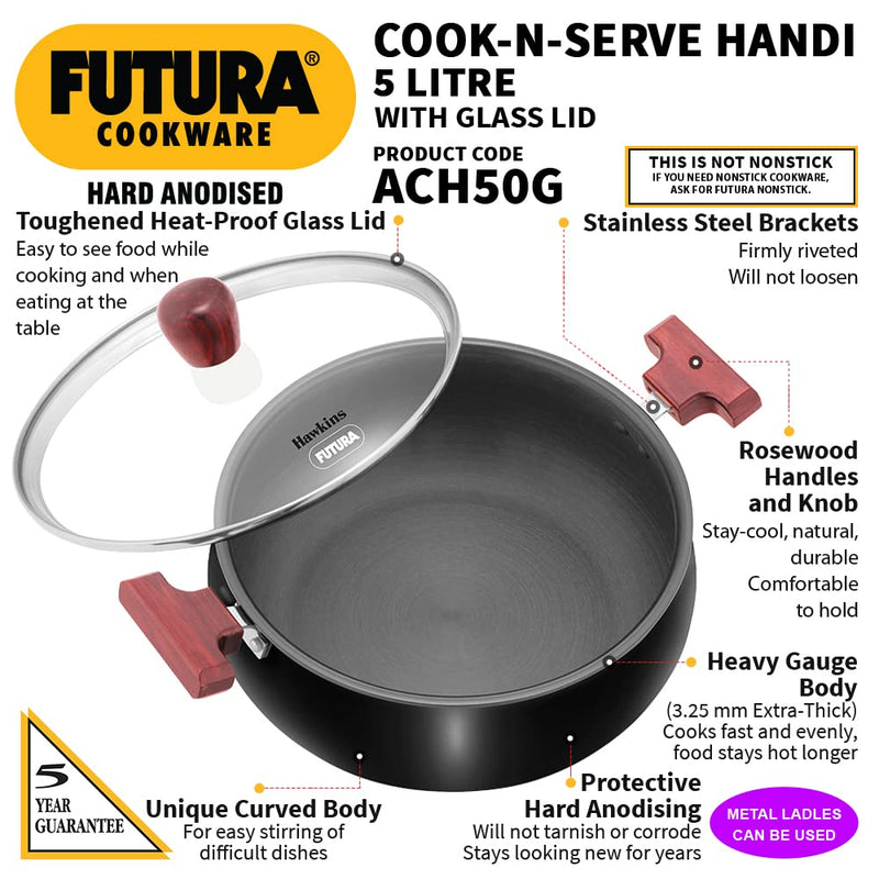 Hawkins Futura Hard Anodised Cook n Serve Handi with Glass Lid - ACH50G - 16