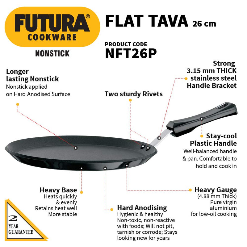 Hawkins Futura Nonstick Flat Tava with Plastic Handle, Diameter 26 cm, Thickness 4.88 mm, Black - HAWQ46