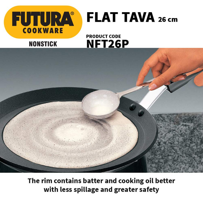 Hawkins Futura Nonstick Flat Tava with Plastic Handle, Diameter 26 cm, Thickness 4.88 mm, Black - HAWQ46