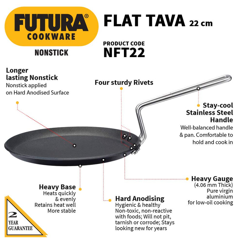 Hawkins Futura Non-Stick Flat Tawa, 22 cm, Thickness 4.06 mm