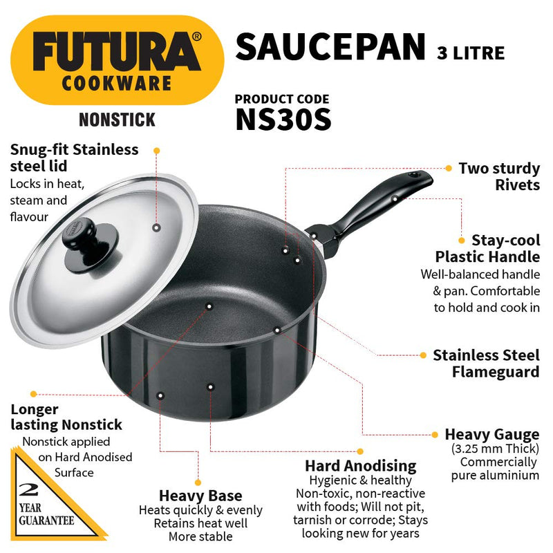 Hawkins Futura Hard Anodised 3 Litre Non-Stick Sauce Pan with Stainless Steel Lid  - 2