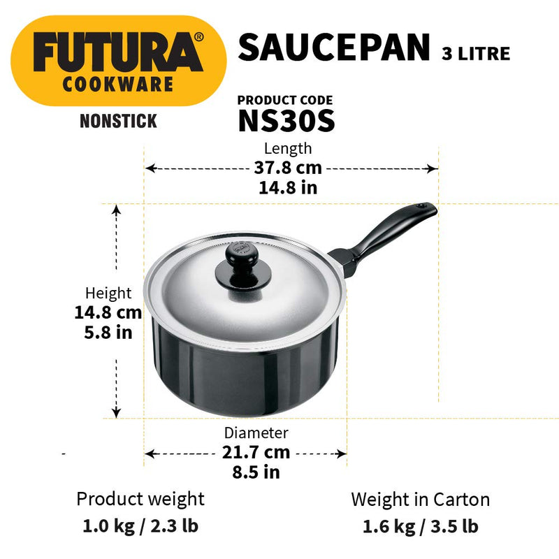 Hawkins Futura Hard Anodised 3 Litre Non-Stick Sauce Pan with Stainless Steel Lid  - 3