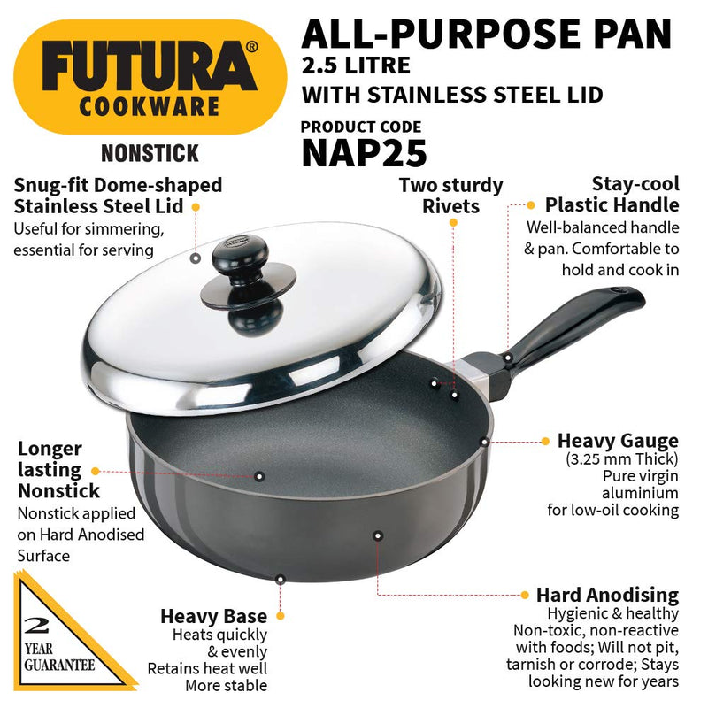 Hawkins Futura Non-Stick 2.5 Litre All-Purpose Pan with Stainless Steel Lid - 3