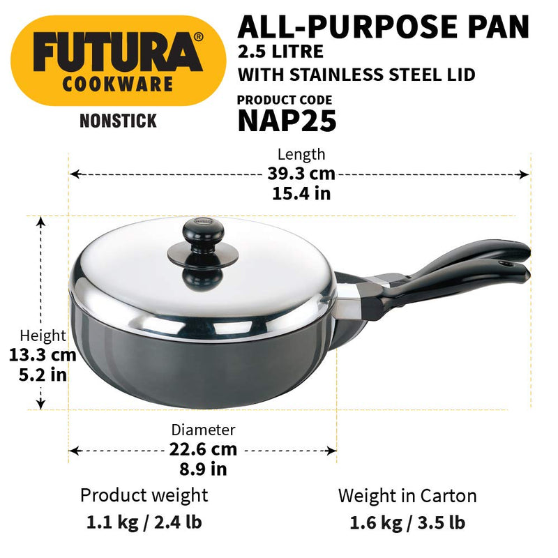 Hawkins Futura Non-Stick 2.5 Litre All-Purpose Pan with Stainless Steel Lid - 2