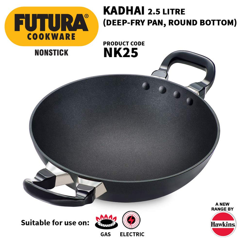 Hawkins Futura Non-Stick Kadhai Deep-Fry Pan, 2.5 Litres/26cm, Black