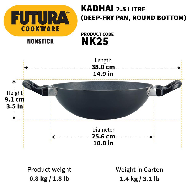 Hawkins Futura Non-Stick Kadhai Deep-Fry Pan, 2.5 Litres/26cm, Black