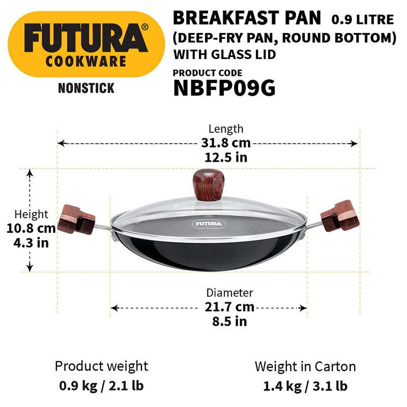 Hawkins Futura Appachatty Non Stick Round Bottom Deep 0.9 L Fry Pan with Glass Lid - 2