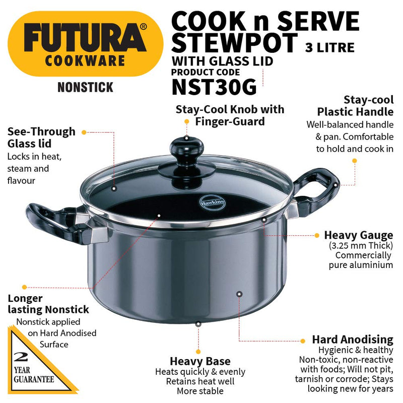 Hawkins Futura 3 Litres Non-Stick Stewpot with Glass Lid - 2