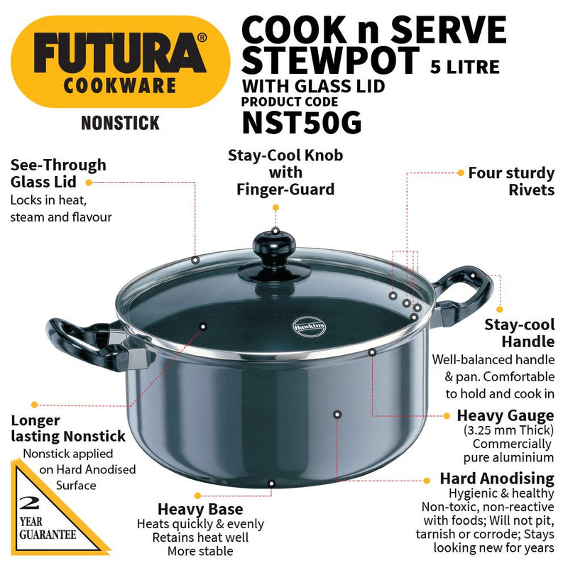Hawkins Futura Non-Stick 5 Litres Stewpot with Glass Lid - 2