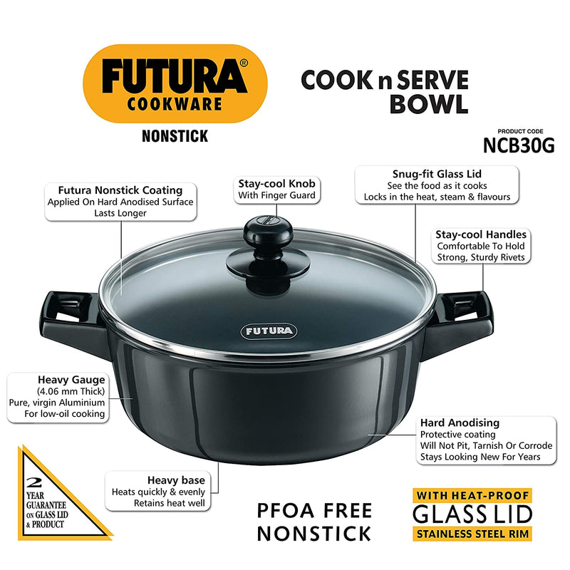 Hawkins Futura Non-Stick Cook N Serve Bowl with Glass Lid, 3 litres