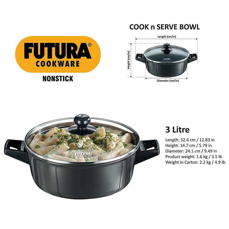 Hawkins Futura Non-Stick Cook N Serve Bowl with Glass Lid, 3 litres