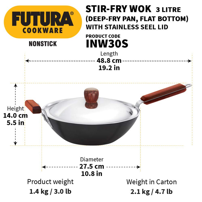 Hawkins Futura Nonstick 3 L Stir Fry Deep-Fry Pan with Stainless Steel Lid - 3